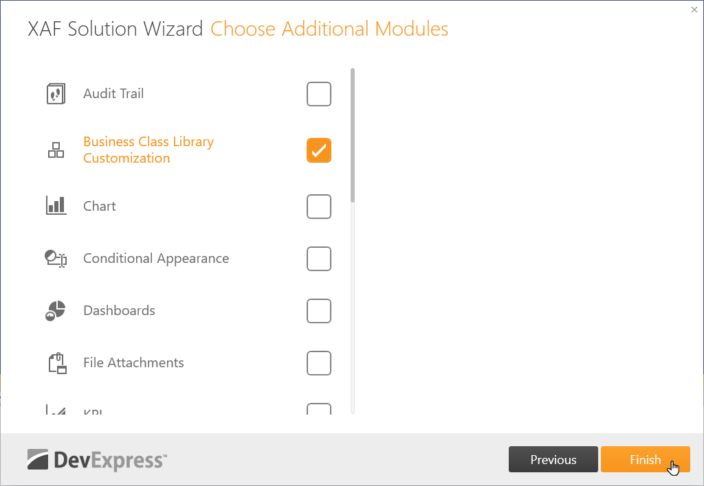 Choose additional modules, DevExpress