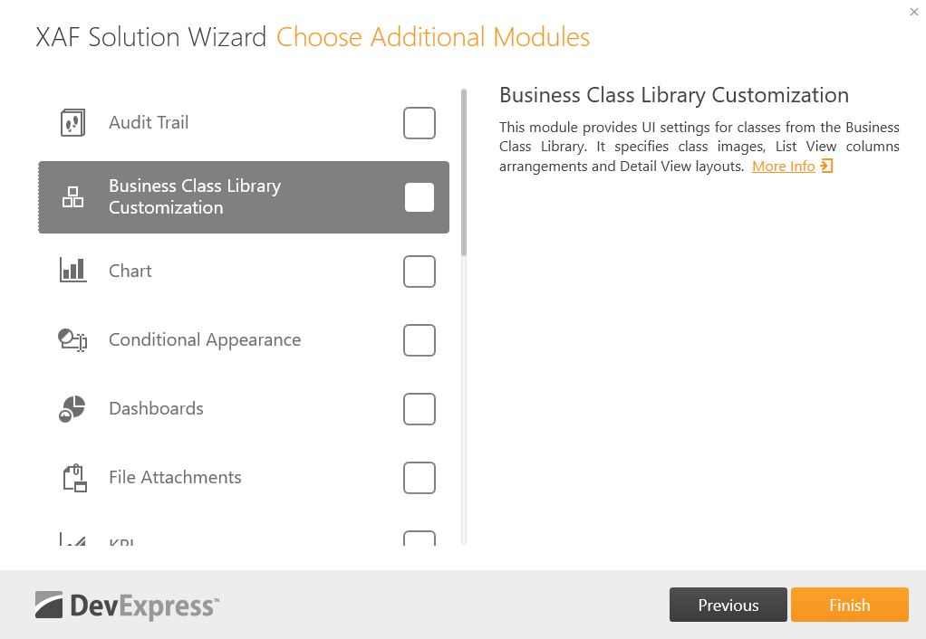 Choose additional modules, DevExpress