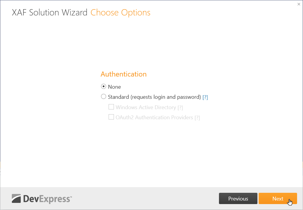 Choose the authentication type, DevExpress