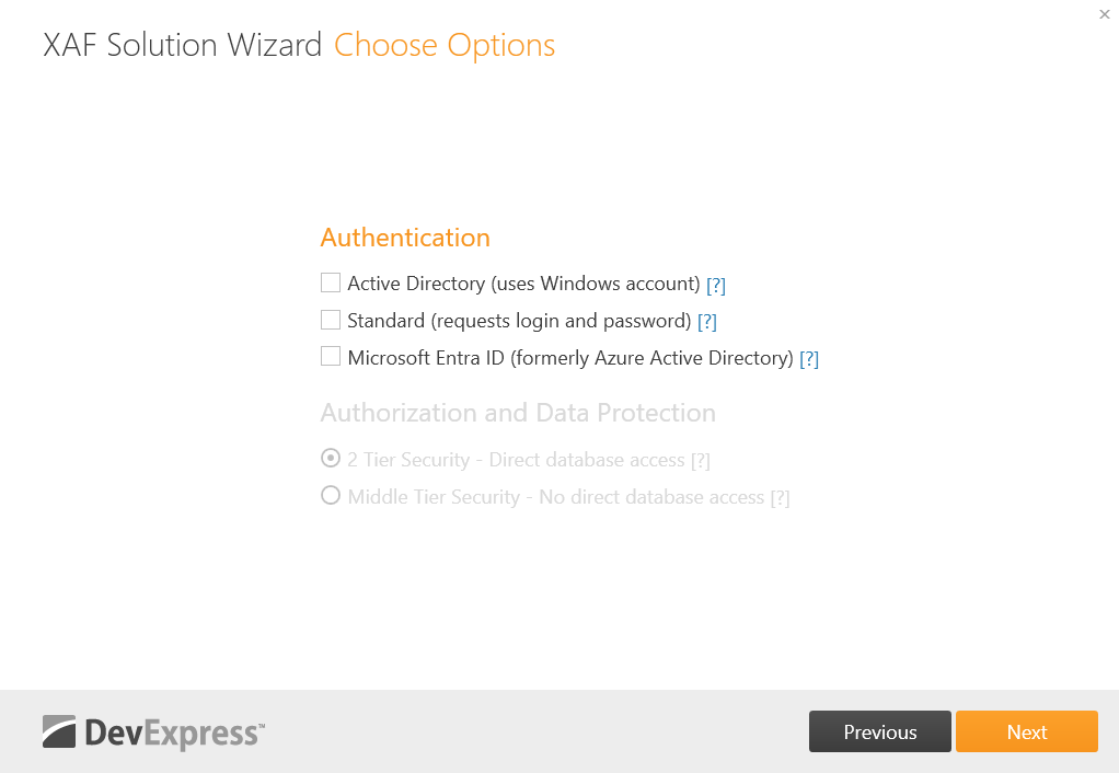 Choose the authentication type, DevExpress