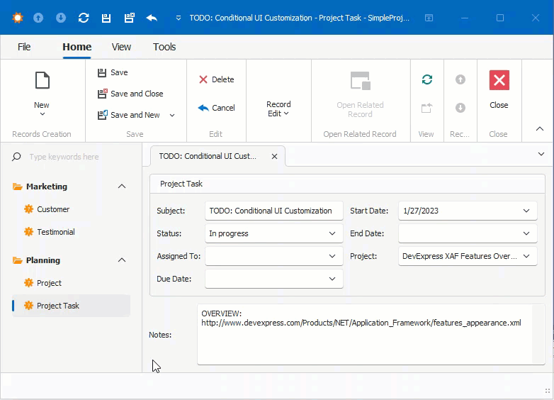 Windows Forms Mark Task as Completed Action, DevExpress
