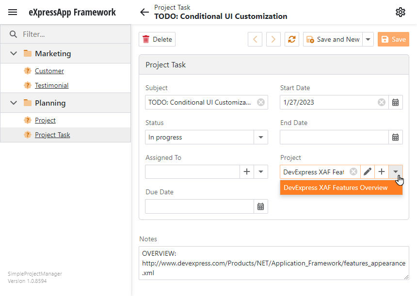 ASP.NET Core Blazor Application Project Task Detail View, DevExpress