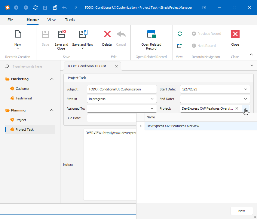 Windows Forms Application Project Task Detail View, DevExpress