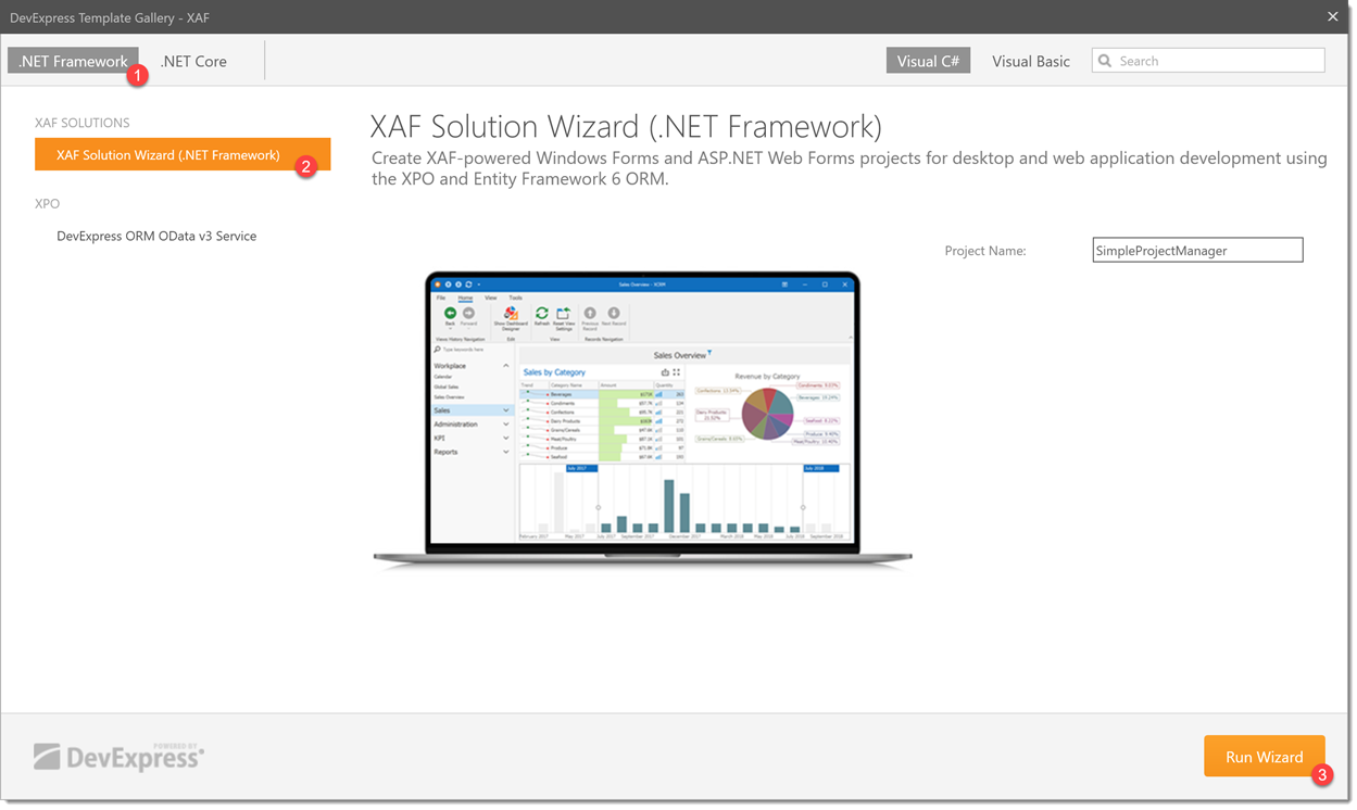 Select "XAF Solution Wizard (.NET Framework)" in the Template Gallery