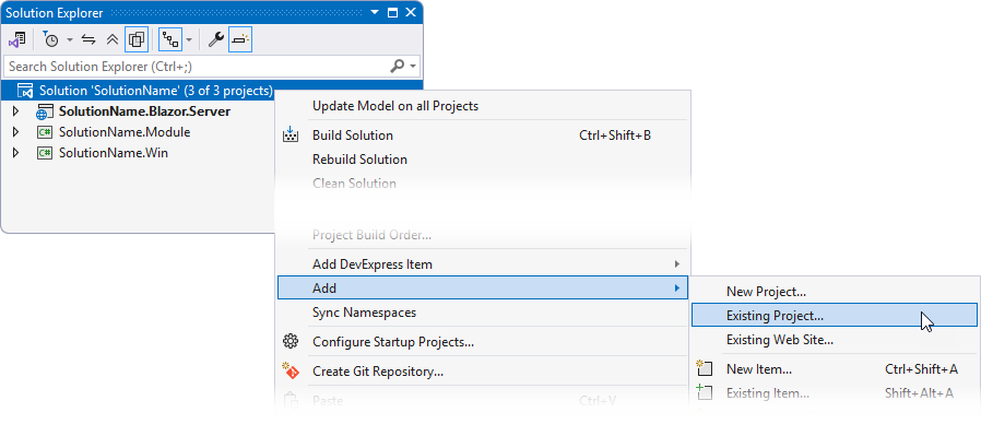 Add an existing project to an application