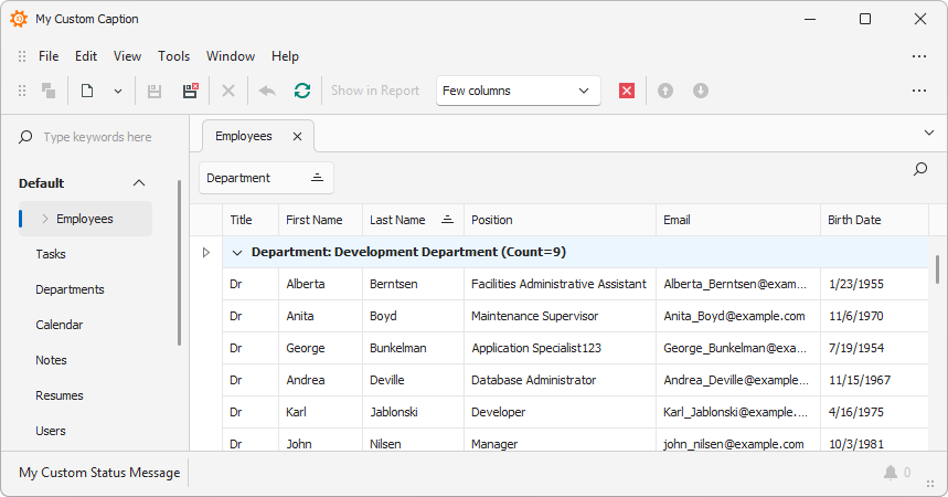Custom window caption and status message in a Winforms application