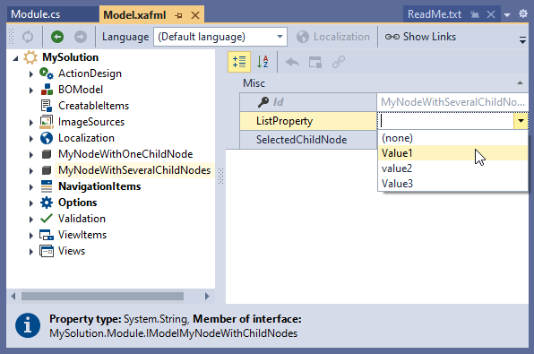 A property with a list of custom values in the Application Model