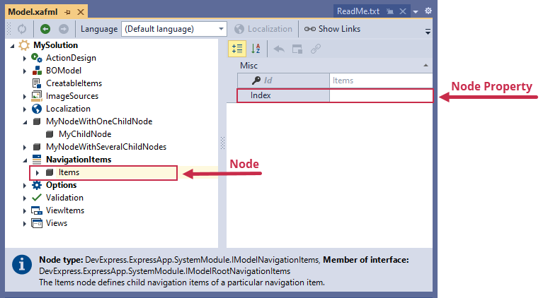 An Application Model node and node property