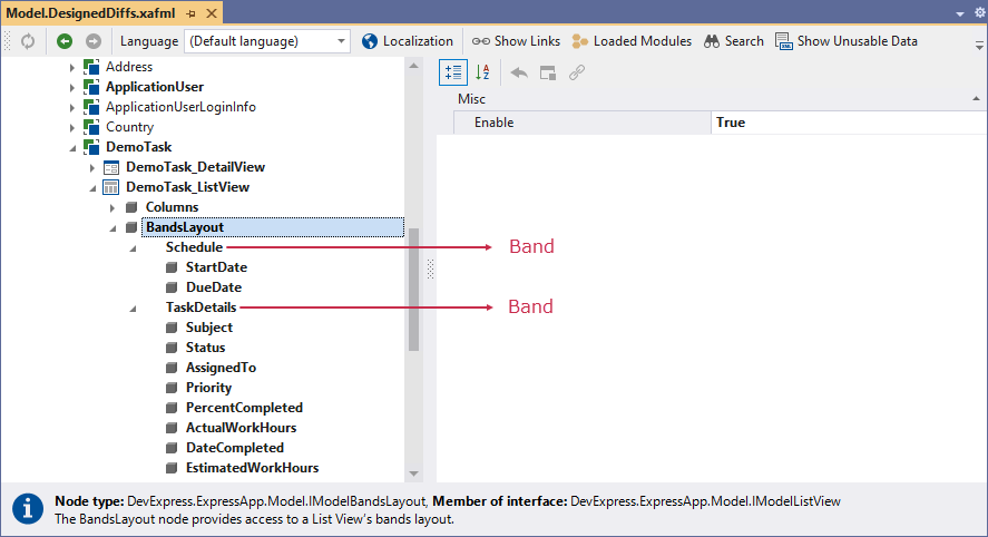XAF Model Editor Task List View Bands Layout Result, DevExpress