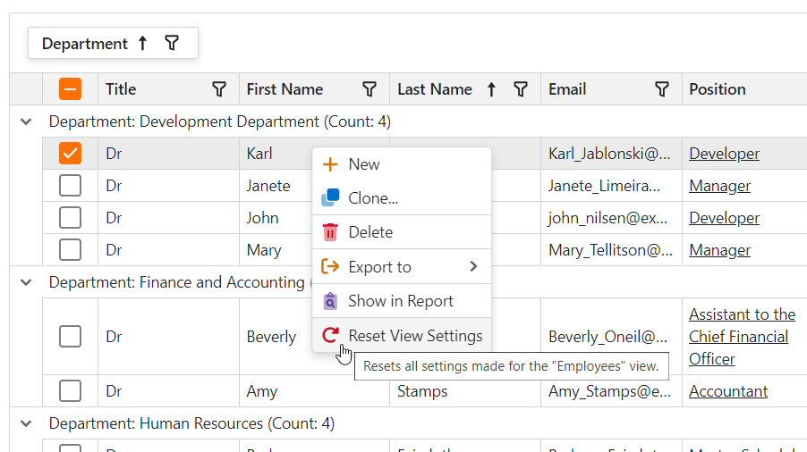 XAF ASP.NET Core Blazor Reset View Settings in List View, DevExpress