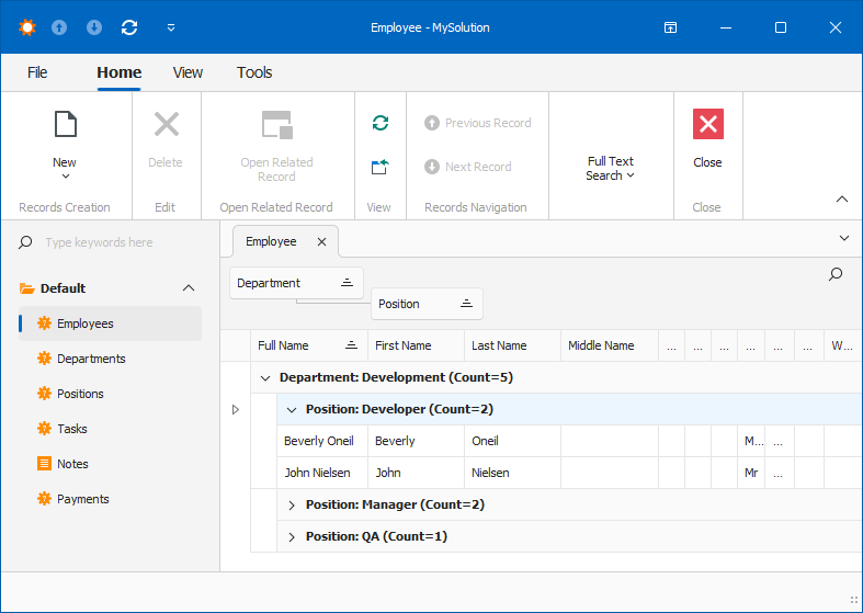 The grouped Employee List View in Windows Forms