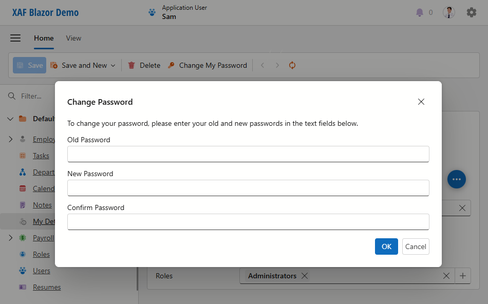 Change password dialog