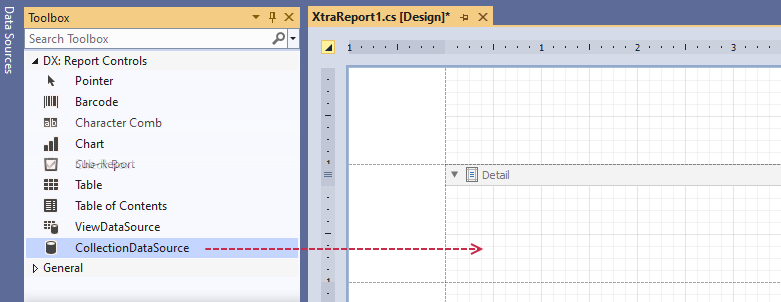Report Data Sources in Toolbox, DevExpress