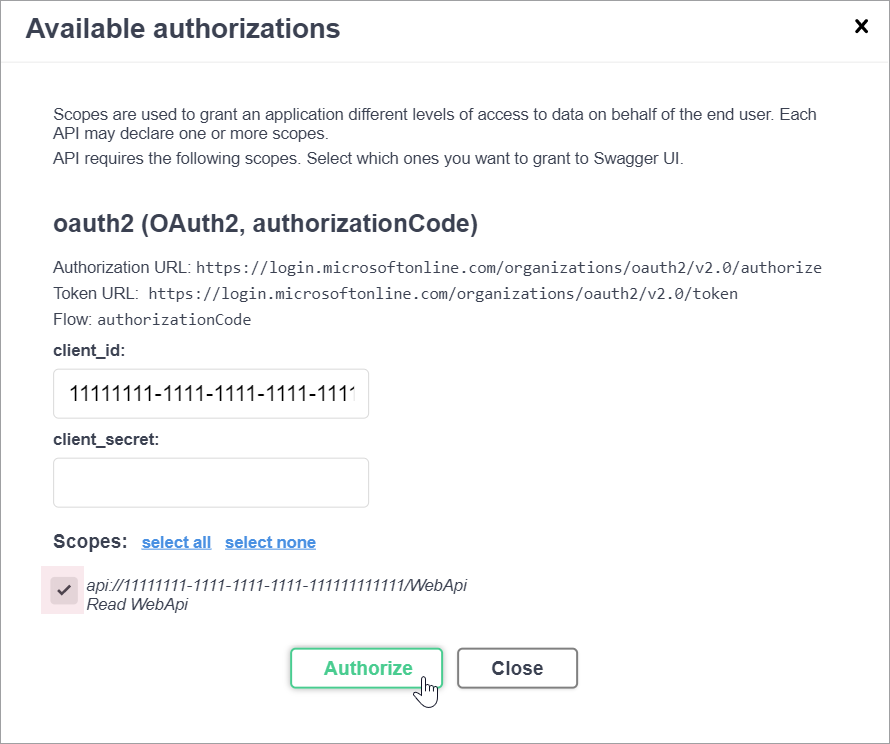 The Available authorizations form