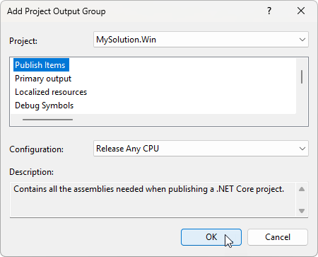 Add Project Output Group dialog