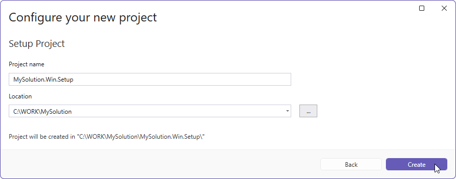 Configure new project dialog