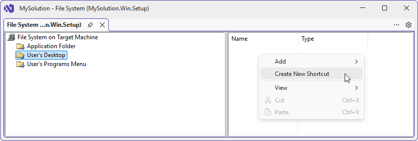 Create New Shortcut menu