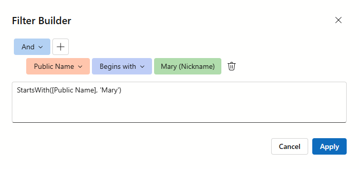 Customized fields in the Filter Builder