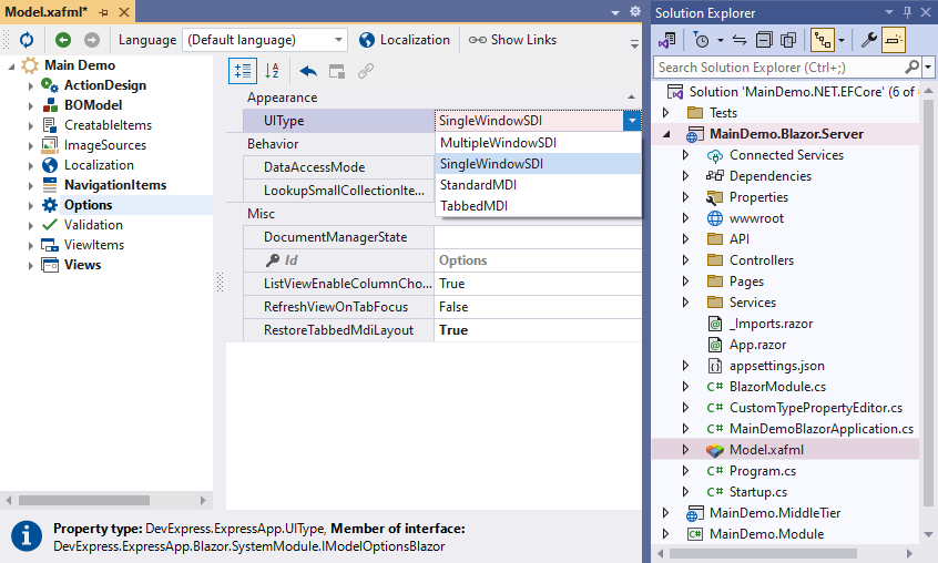 XAF ASP.NET Core Blazor UIType property of the Options node, DevExpress