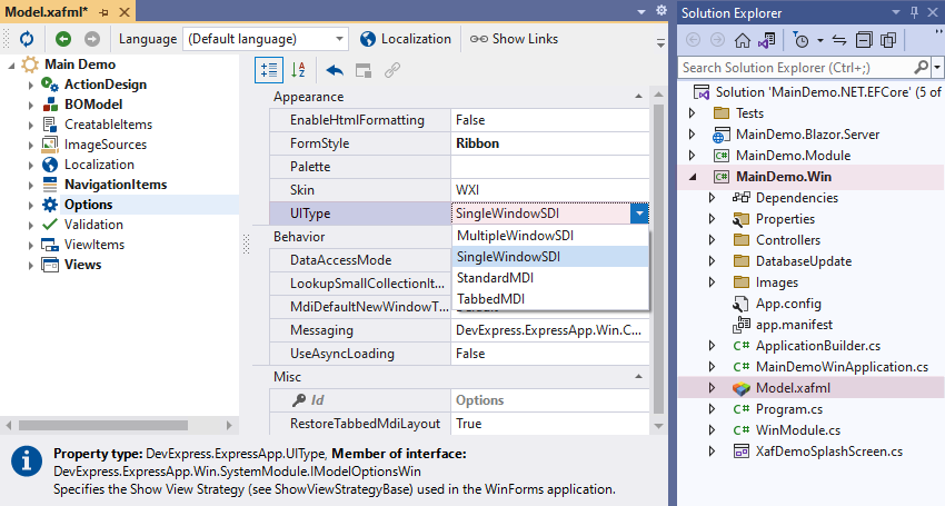 XAF Windows Forms UIType property of the Options node, DevExpress