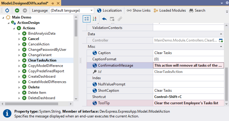 Misc properties section of the ClearTasksAction node, DevExpress