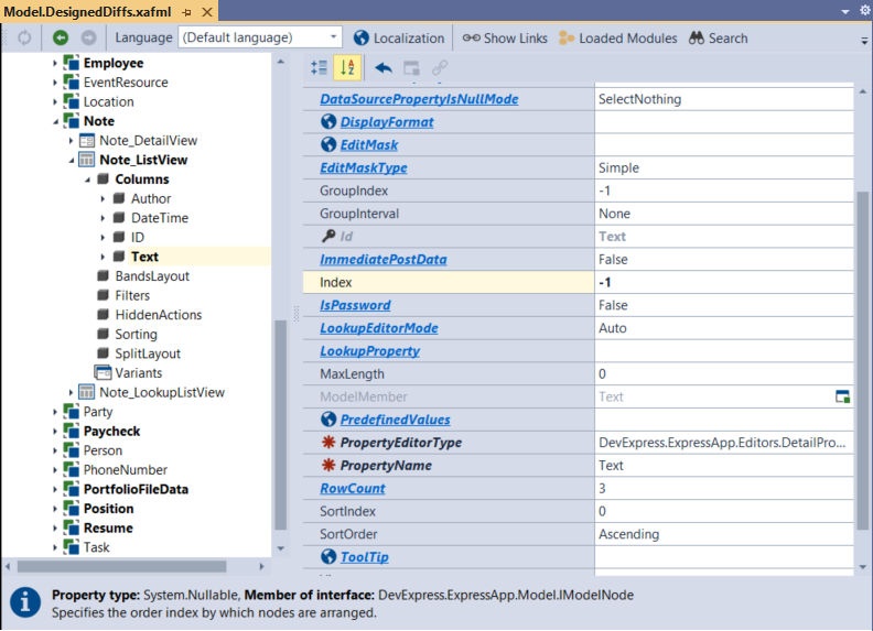 A column's Index property in the Model Application, DevExpress