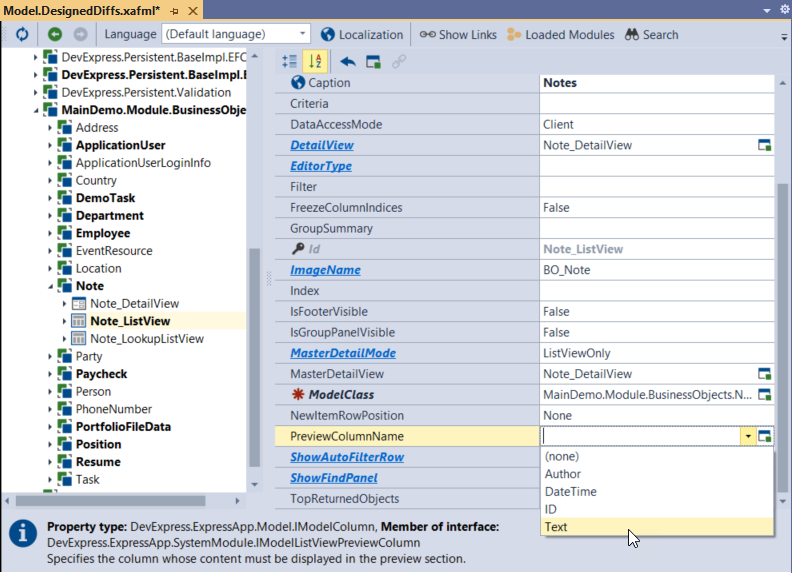 PreviewColumnName property in the Model Application, DevExpress