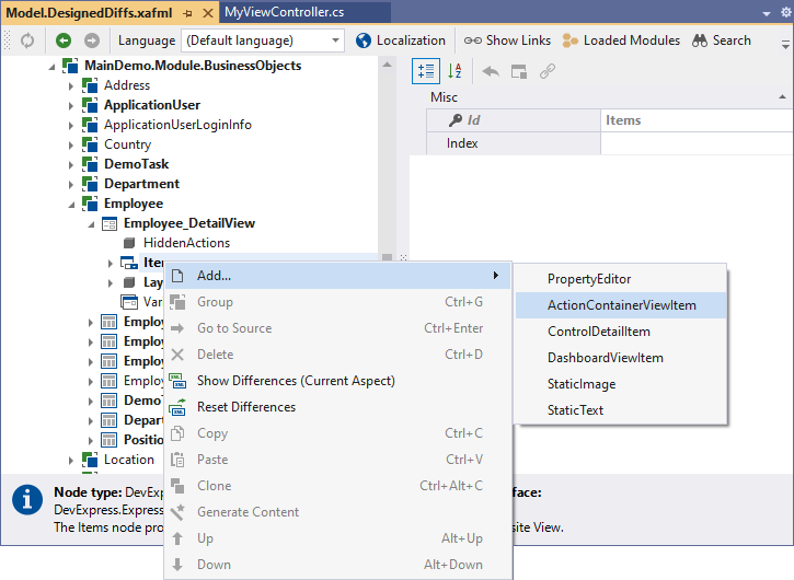 XAF Model Editor Add ActionContainerViewItem, DevExpress
