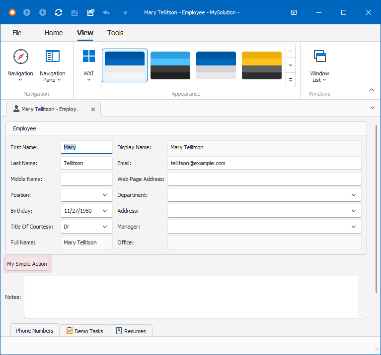 XAF Windows Forms Action in a Detail View, DevExpress