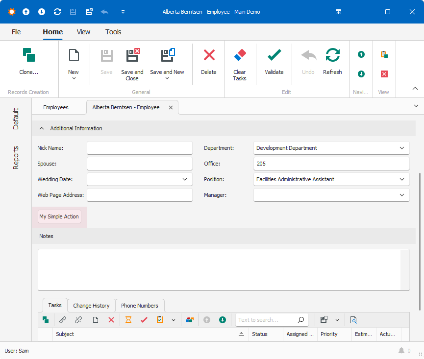 sXAF Windows Forms Action in a Detail View, DevExpress