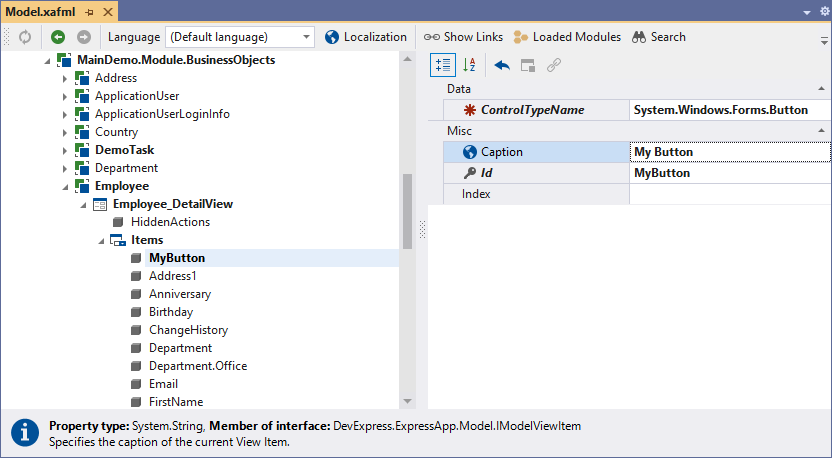 XAF Windows Forms, Add ControlDetailItem in Model Editor, DevExpress