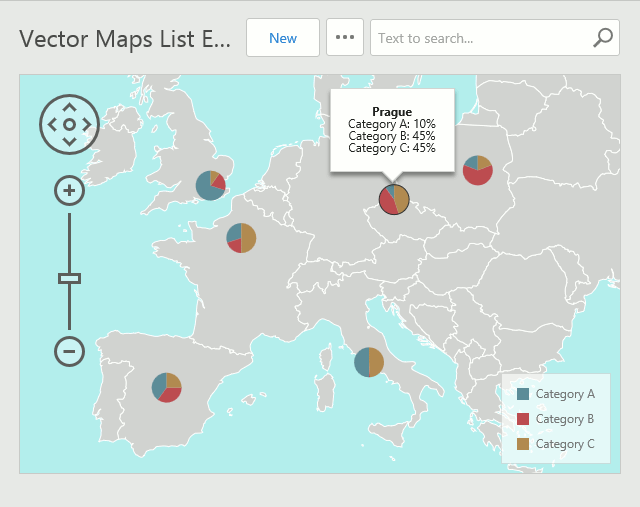 A List View with pie markers on a vector map