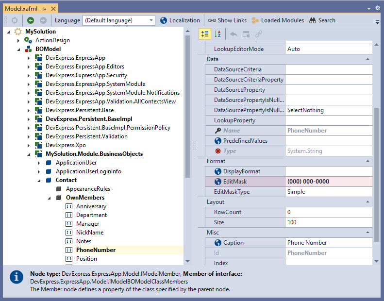 The EditMask Property in XAF Model Editor, DevExpress