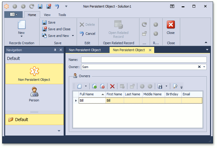 Non Persistent Object in UI