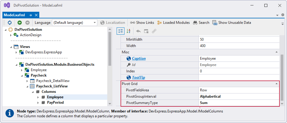 Pivot column settings in the Model Editor