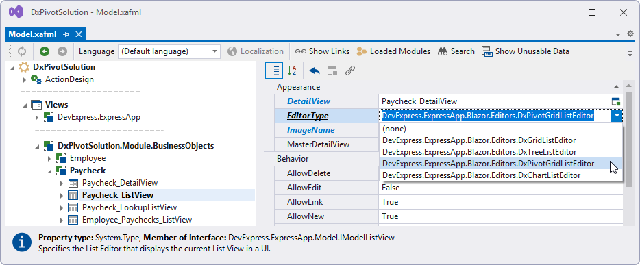 PivotGrid list editor in the Model Editor