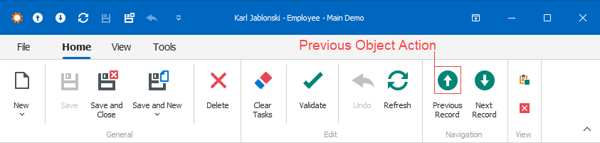Records Navigation Controller Previous Object Action in Windows Forms, DevExpress