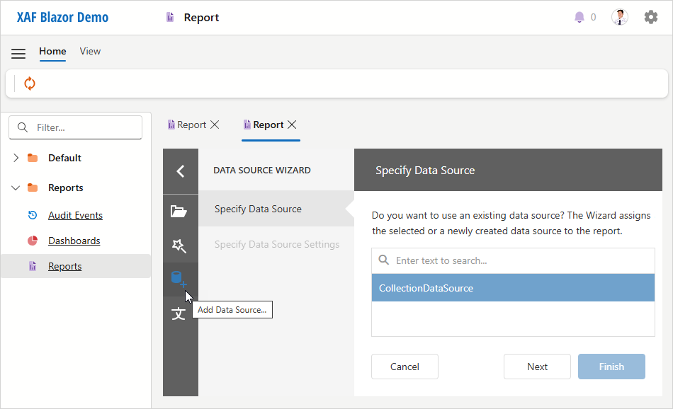 XAF ASP.NET Core Blazor ReportsV2 Add Data Source, DevExpress