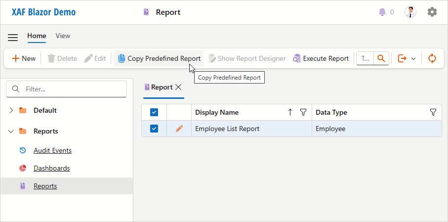 XAF ASP.NET Core Blazor ReportsV2 Copy Predefined Report, DevExpress