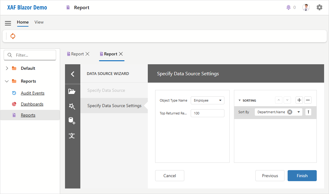 XAF ASP.NET Core Blazor ReportsV2 Select Data Source Type, DevExpress