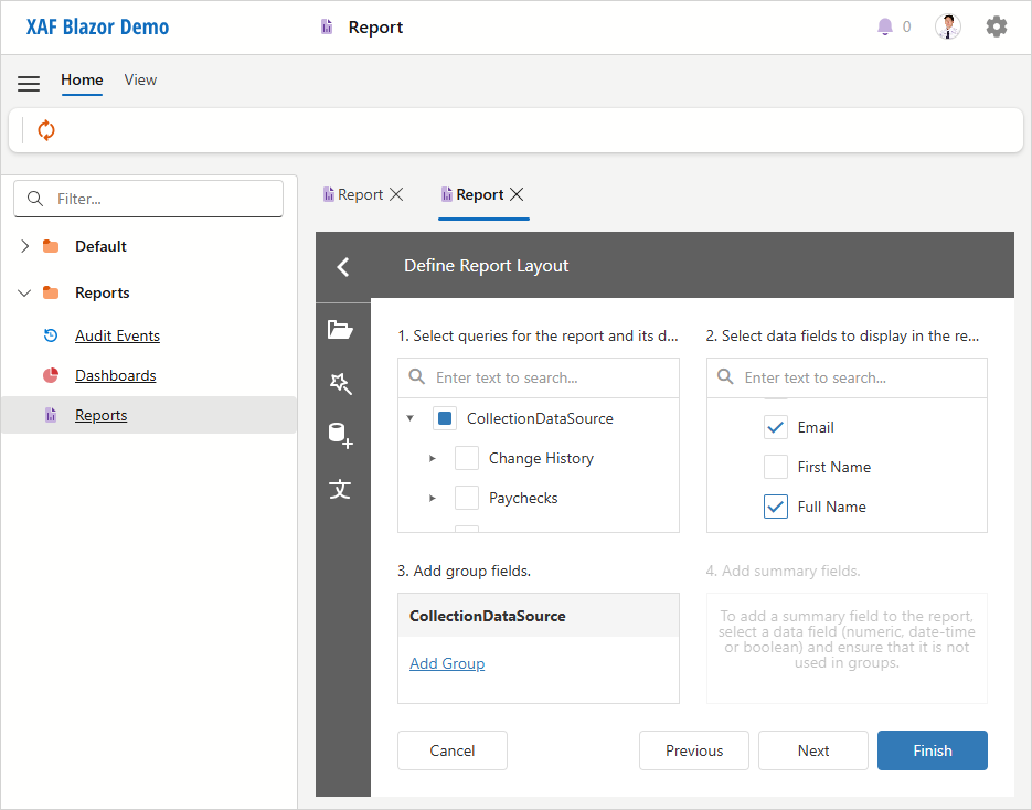 XAF ASP.NET Core Blazor ReportsV2 Wizard Report Layout, DevExpress