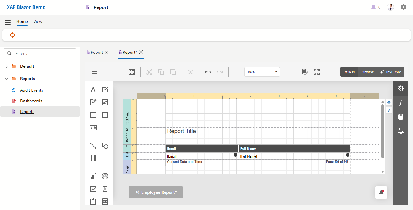 XAF ASP.NET Core Blazor ReportsV2 Designer, DevExpress