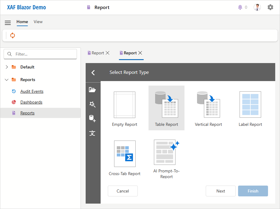 XAF ASP.NET Core Blazor ReportsV2 Wizard Report Type, DevExpress