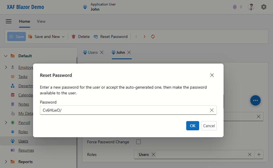 Reset Password Dialog