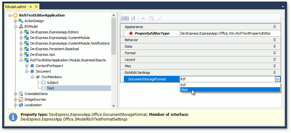 DocumentStorageFormat Property in Model Editor, DevExpress