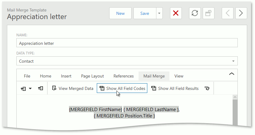 **Show All Field Codes** in an ASP.NET Web Forms application