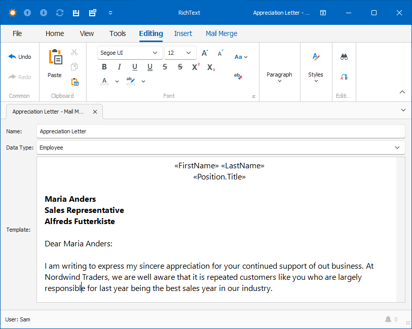 A Mail Merge template in a WinForms application