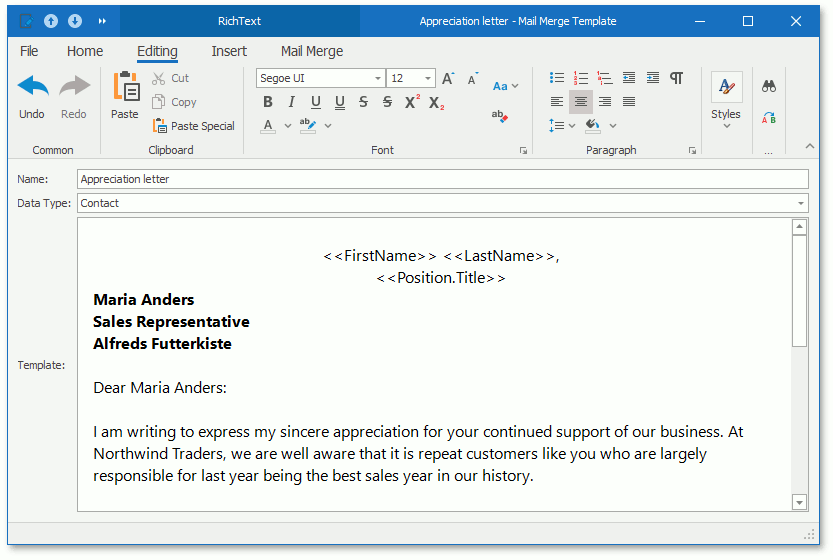A Mail Merge template in a WinForms application