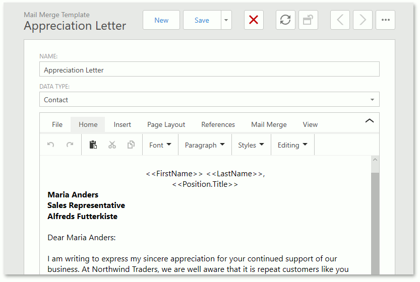 A Mail Merge template in an ASP.NET Web Forms application