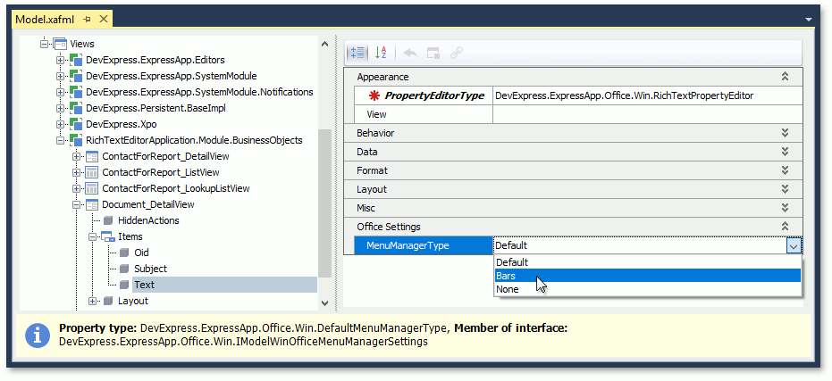 MenuManagerType Property in Model Editor, DevExpress